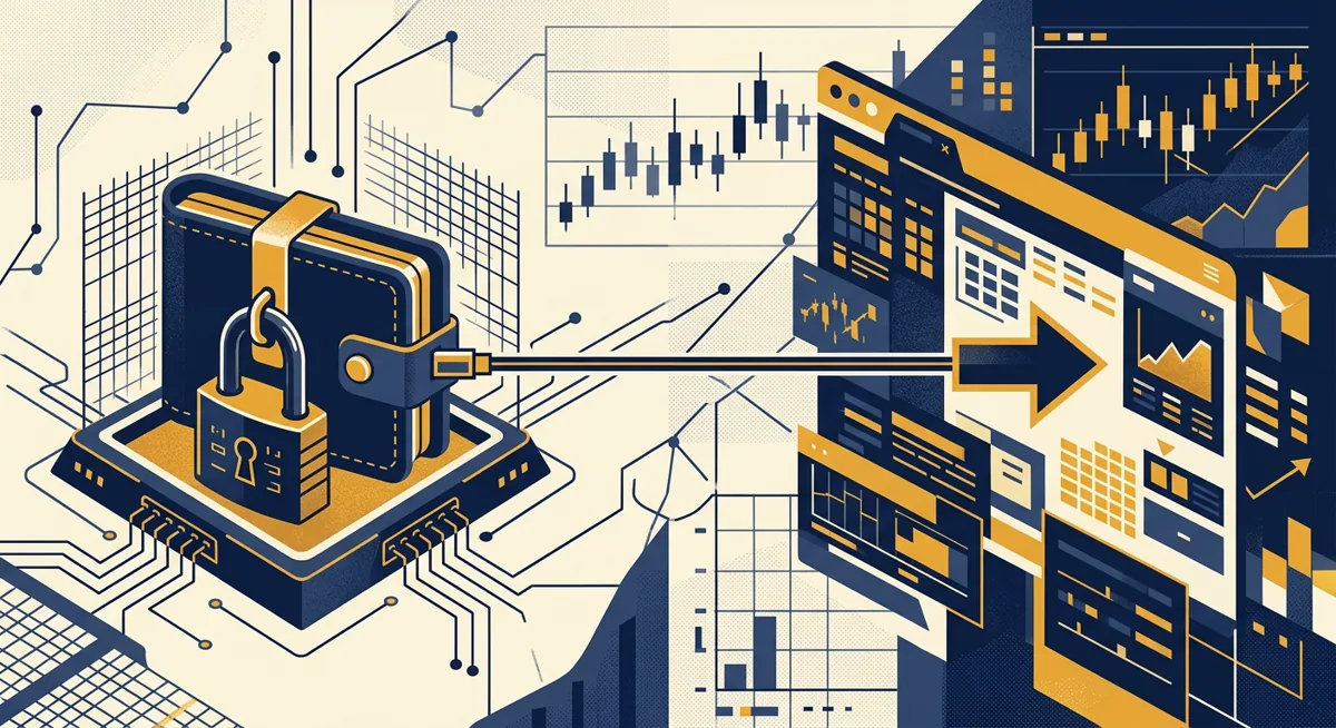 Illustration of a cold wallet connected to an exchange interface, representing a crypto withdrawal into self-custody